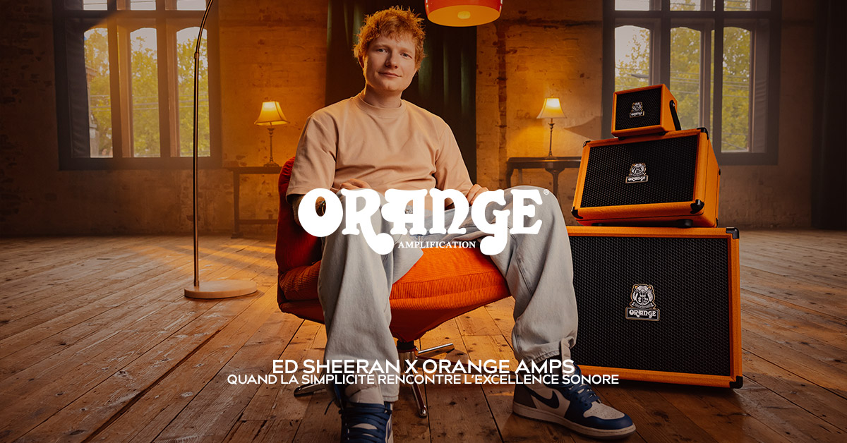 ed sheeran is sit on chair with his brand new amps from Orange Amps
